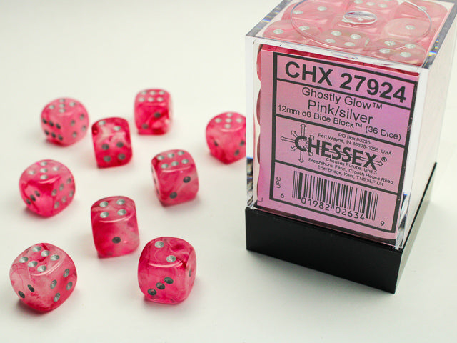 36 Ghostly Glow Pink/Silver 12mm D6 Dice Block - CHX27924