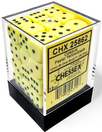 36 Pastel Yellow/Black Opaque 12mm D6 Dice Block - CHX25862