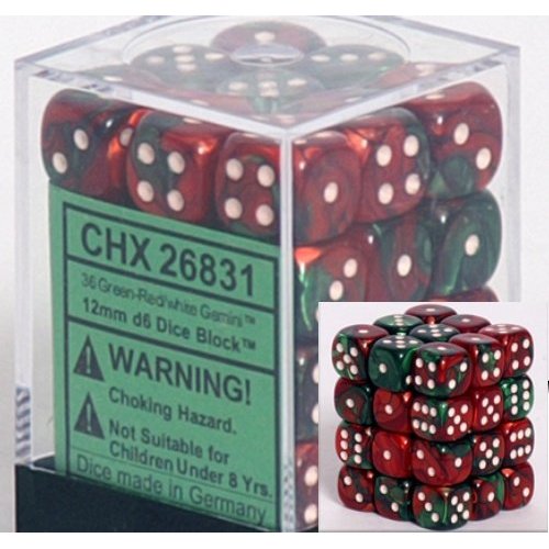 36 Green-Red /white Gemini 12mm D6 Dice Block - CHX26831