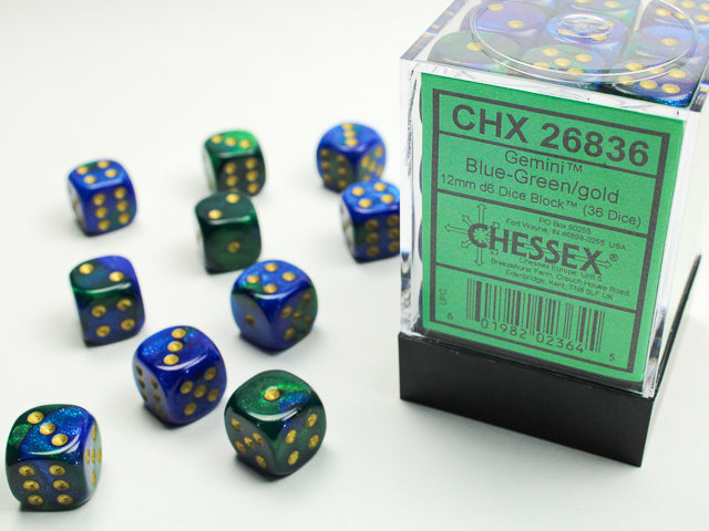 36 12mm Blue-Green w/Gold Gemini D6 Dice Block - CHX26836