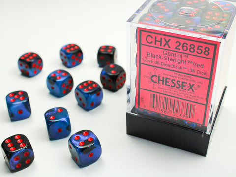 36 12mm Black-Starlight w/Red Gemini D6 Dice Block - CHX26858