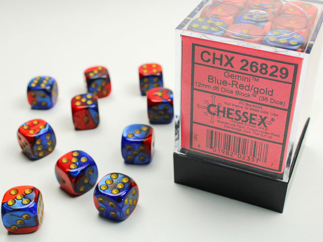 36 12mm Blue-Red w/Gold Gemini D6 Dice Block - CHX26829