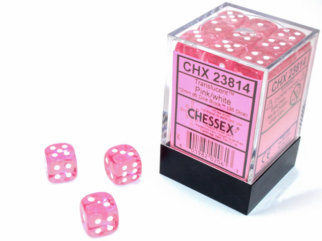 36 12mm Pink w/White Translucent D6 Dice Block - CHX23814