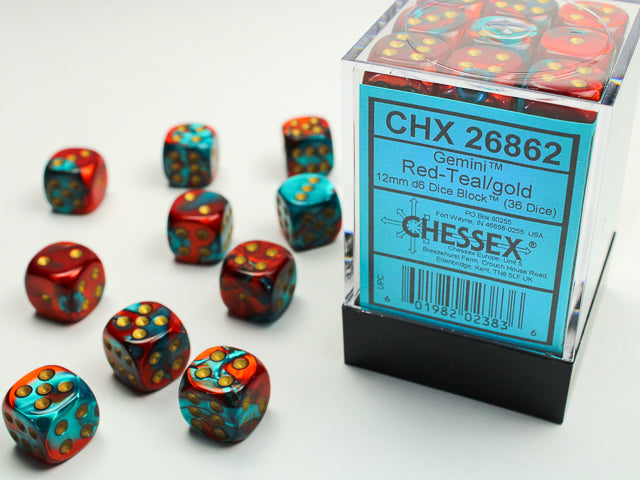 36 12mm Red-Teal w/Gold Gemini D6 Dice Block - CHX26862