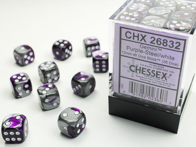 36 Purple-Steel /white Gemini 12mm D6 Dice Block - CHX26832