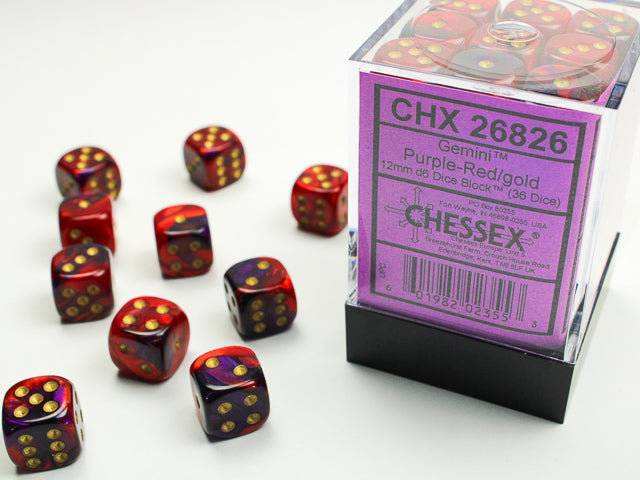 36 12mm Purple-Red w/Gold Gemini D6 Dice Block - CHX26826