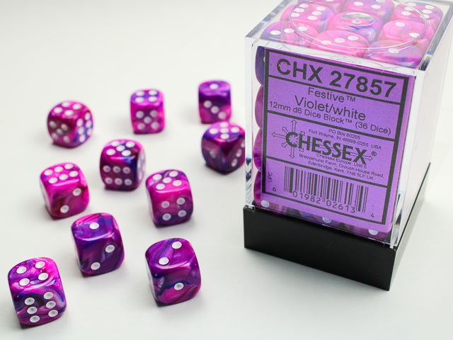 36 12mm Violet w/White Festive D6 Dice - CHX27857