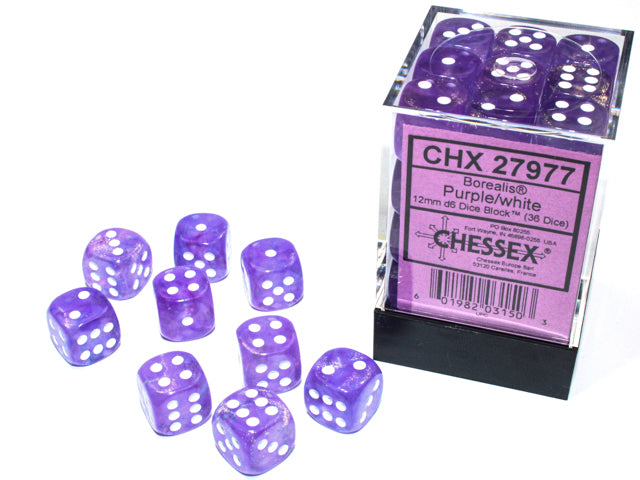 36 12mm Purple w/White Borealis Luminary D6 Dice - CHX 27977