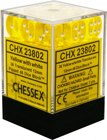 36 Translucent Yellow w/white 12mm D6 Dice Block - CHX23802